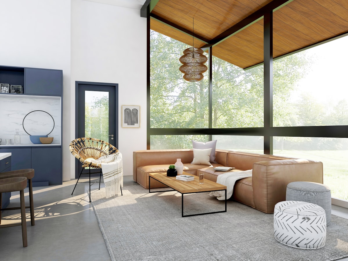 Luxury living room with designer furniture and natural light